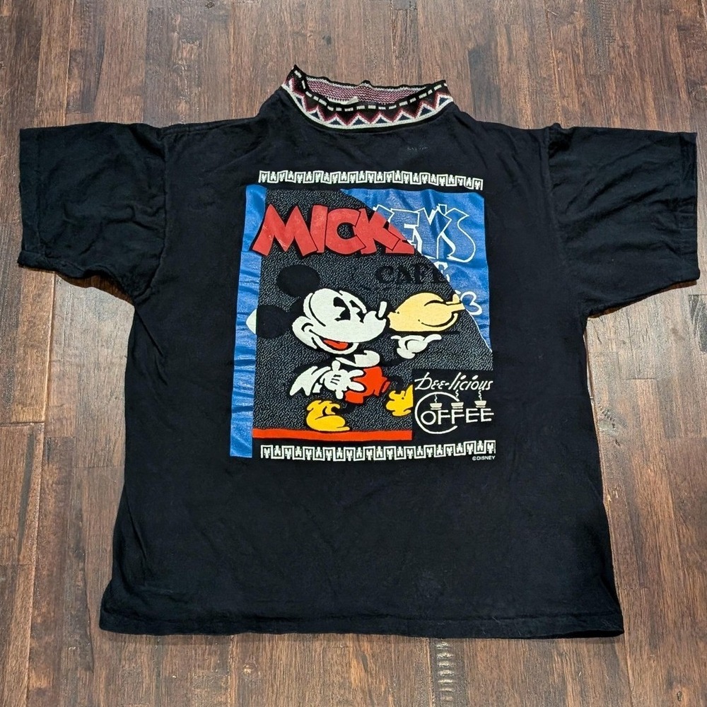 Vintage 80s Mickey's Cafe Mickey Mouse Disney T-Shirt Adult Medium Aztec Collar